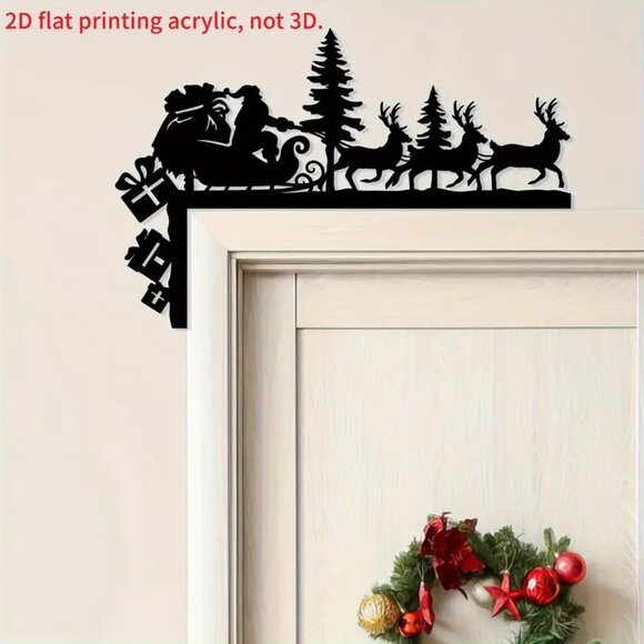 2D Acrylic Christmas Door Corner with Santa and Reindeer Antlers Decoration - Picture 1 of 2